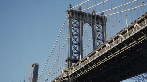 The Iconic Manhattan Bridge Stands Majestically Against a Clear Blue Sky Video stock 314571853