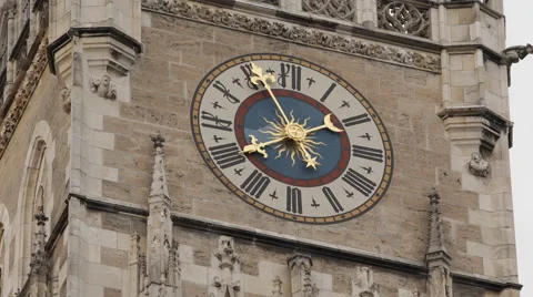Iconic Marienplatz Munich German Gothic New Town Hall Clock Tower CloseUp Detail Video stock 43132073