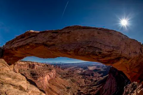 The iconic Mesa Arch with Sun rays Stock Photos