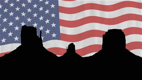 Iconic Monument Valley Panorama with USA Flag in Background, USA Stock Footage 145963780