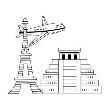 Iconic monuments and airplane design Ilustração Stock