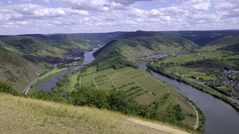 Iconic Moselle River Horseshoe Loop with Vineyards from Geierlay Viewpoint Stock Footage 333892717