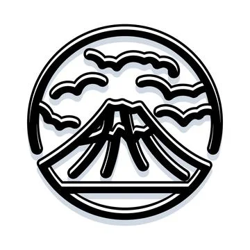 Iconic mountain landscape with clouds in circular emblem Stock Illustration