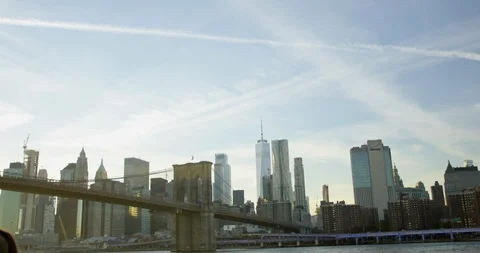 Iconic New York Skyline With Classic Brooklyn Bridge On A Lovely Day  Stock Footage 112159346