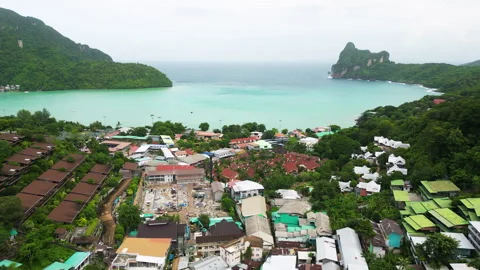 Iconic Phi Phi island township with exotic elements, aerial view Stock Footage 248766859