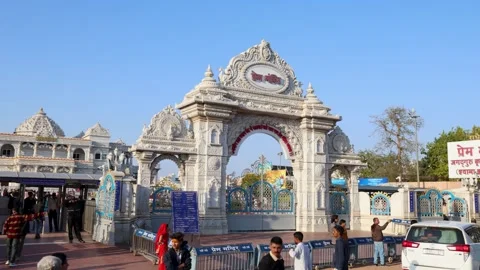 Iconic Prem Mandir Temple Complex with Ornate Gateway and Devotees in Vrindavan Stock Footage 340818080