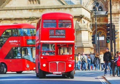 Iconic red double decker bus in London Stock Photos