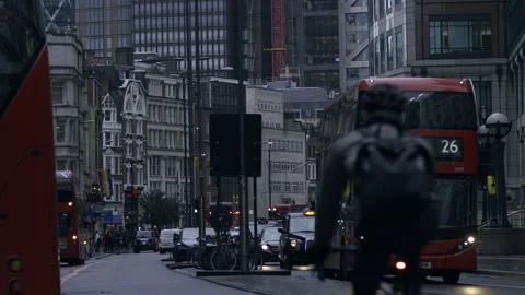 Iconic Red Double Decker Buses and Black Taxi In Business District London, Uk. Stock Footage 255285244