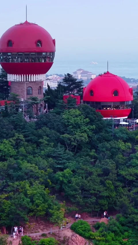 Iconic Red Spherical Buildings on Qingdao's Signal Hill Stock Footage 330877831