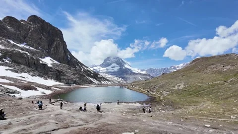 Iconic Reflection of Matterhorn Mountain in Riffelsee Lake, Zermatt, Switze.. Stock Footage 343593475