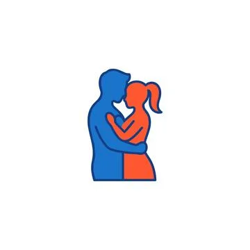 Iconic representation of a couple embracing. Man and woman silhouettes in blu Ilustração Stock