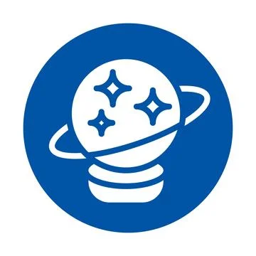 Iconic representation of a planet with rings and sparkling stars in blue Stock Illustration