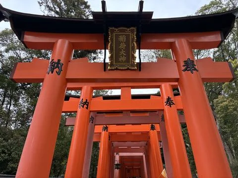 The iconic rows of bright orange torii gates at Fushimi Inari-taisha shrine 스톡 사진
