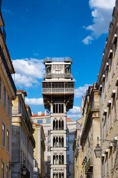 Iconic Santa Justa elevator in downtown on sunny day, Lisbon, Portugal Stock Photos