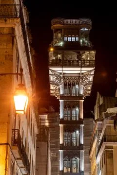 Iconic Santa Justa elevator in Lisbon at night Stock Photos