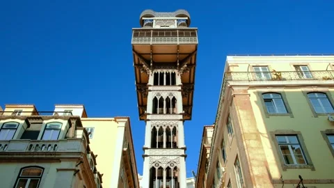 Iconic Santa Justa elevator under blue sky, Lisbon, Portugal on sunny day Stock Footage 342702369