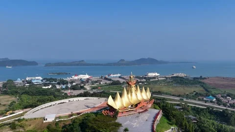 Iconic Siger Tower (Menara Siger) and Bakauheni ferry port Stock Footage 341117174
