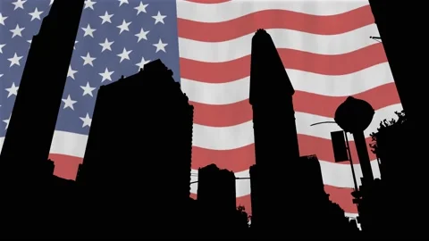 Iconic Silhouette of FlatIron Building in Manhattan with USA Flag in Background Stock Footage 149388565