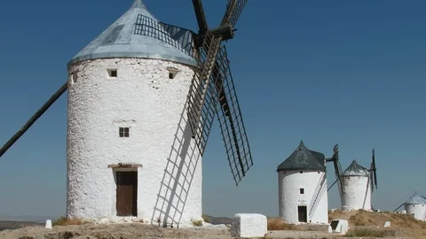 The iconic Spanish windmills of Consuegra, Spain : slow zoom back Stock Footage 87285010