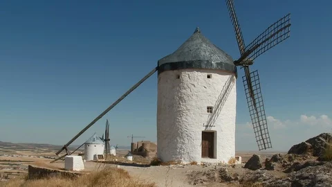 The iconic Spanish windmills of Consuegra, Spain : slow zoom back Stock Footage 87285257