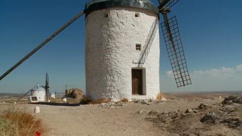The iconic Spanish windmills of Consuegra, Spain : pan up Stock Footage 87285666