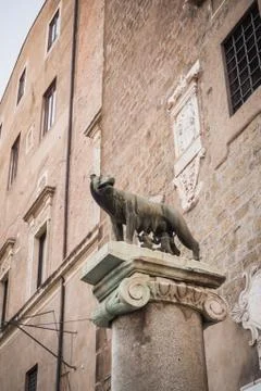 Iconic statue of the legend of Romulus and Remus fed by the wolf in Rome Stock Photos
