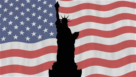 Iconic Statue of Liberty with USA Flag in Background Stock Footage 145963813