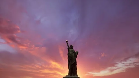 Iconic Statue of Liberty Vivid Pink Sunset Sky Patriotic Landmark Stock Footage 337814876
