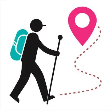 Iconic symbol of hiker walking with backpack and trekking poles heading tow.. Stock Illustration