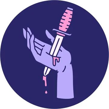 Iconic tattoo style image of a dagger in the hand in bright neon color Stock Illustration