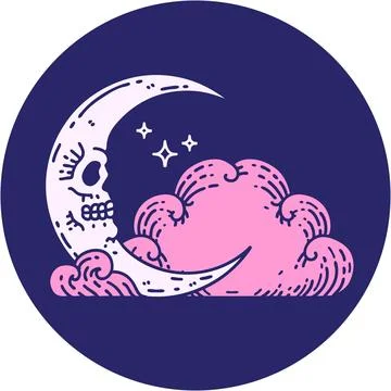 Iconic tattoo style image of a skull crescent moon and clouds in bright neo.. Stock Illustration