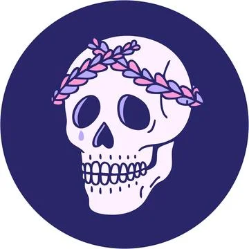 Iconic tattoo style image of a skull with laurel wreath crown in bright neo.. Stock Illustration