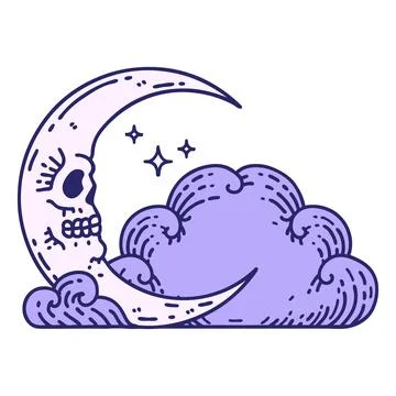 Iconic tattoo style image of a skull crescent moon and clouds in bright neo.. Stock Illustration