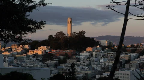 Iconic Telegraph Hill Coit Tower Sunset Light San Francisco Skyline Cityscape US Stock Footage 32497844