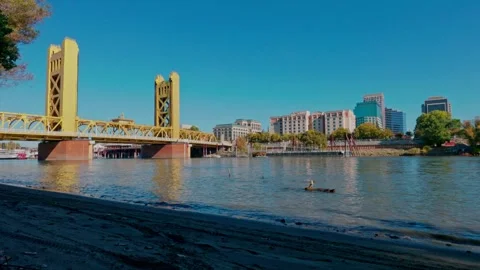 Iconic Tower Bridge and the downtown Sacramento skyline Stock Footage 320329095