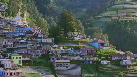 Iconic township of Nepal Van Java on slope of Mount Sumbing, aerial view 動画素材 313737781