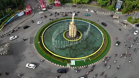 Iconic Tugu Digulis Sharp Bamboo Monument with Fountains in Pontianak Stock Footage 333498159