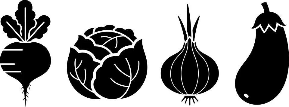 Iconic vegetable set with black beet, cabbage, onion, and eggplant silhouette Stock Illustration