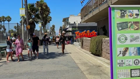 Iconic Venice Beach Boardwalk Scene with Paddle Tennis Courts and Tourists, Los Stock Footage 324831883