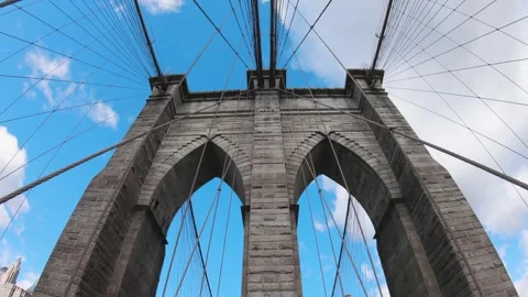 Iconic view of the Brooklyn Bridge architecture against a blue sky Stock Footage 325486361