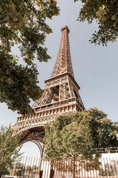 Iconic view of the Eiffel Tower in Paris, France, with trees in the foreground 写真素材