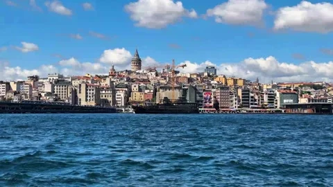 Iconic View of Galata Tower and Istanbul Skyline from the Bosphorus Stock Footage 337782112