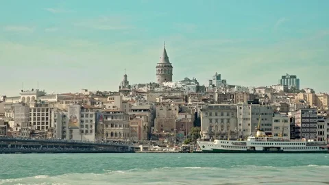 Iconic view of Istanbul with Galata Tower and The Bridge Stock Footage 79085462