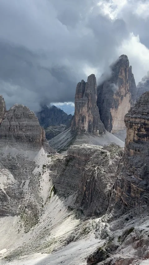 The iconic view of Tre Cime di Lavaredo from the De Luca Innerkofler via ferrata Stock Footage 333758580