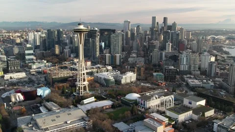 Iconic Views: Aerial Pullback from the Space Needle in Downtown Seattle Stock Footage 287374017