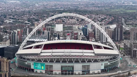 Iconic Wembley stadium aerial view rising over arched venue engineering of Stock Footage 301530722