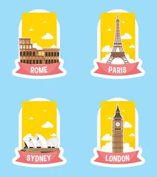 Iconic World Landmarks in Vibrant Vector Style Stock Illustration