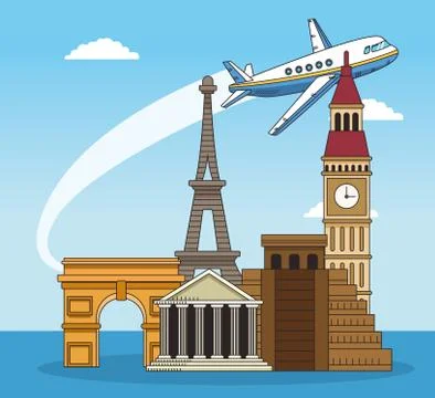 Iconic world monuments and world travel design Ilustração Stock