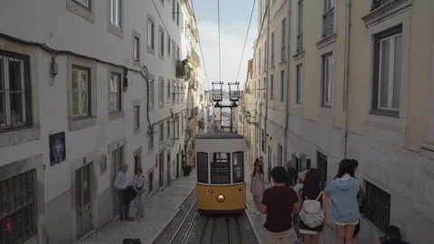The iconic yellow elevador da Bica Funicular narrow alley Lisbon Portugal Stock-Footage 273428812
