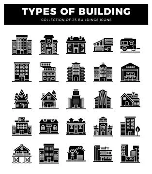 Iconographic building types. featuring diverse architectural styles in a fl.. Ilustración de archivo